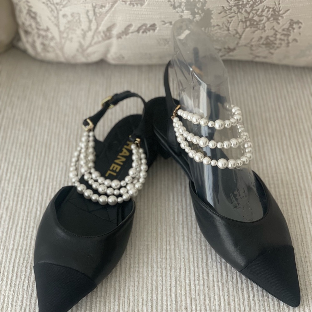 Chanel Slingback Black Pearl-Embellished Women's Shoes Size EU 38C